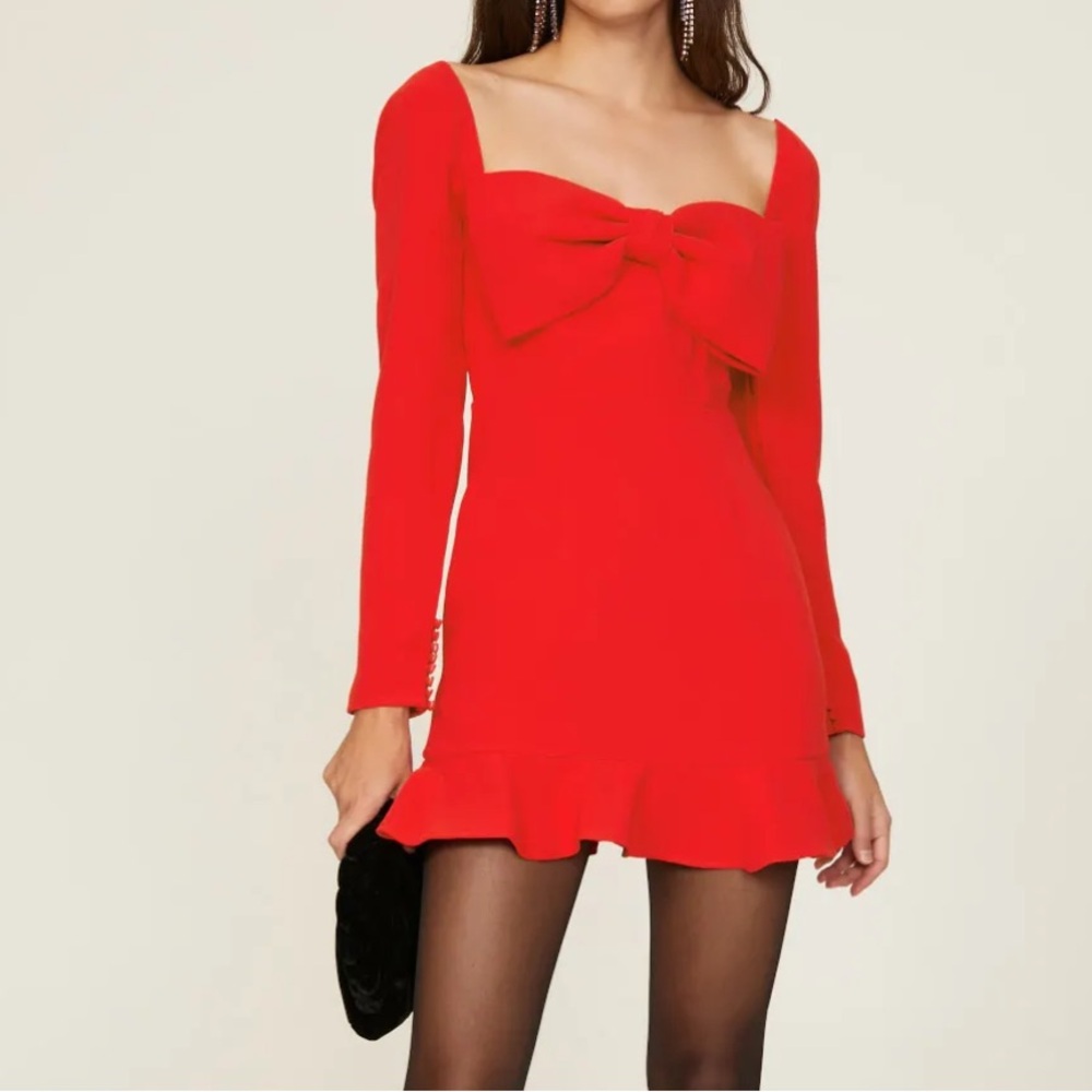 Self-Portrait Vibrant Bow Red Long Sleeve Dress